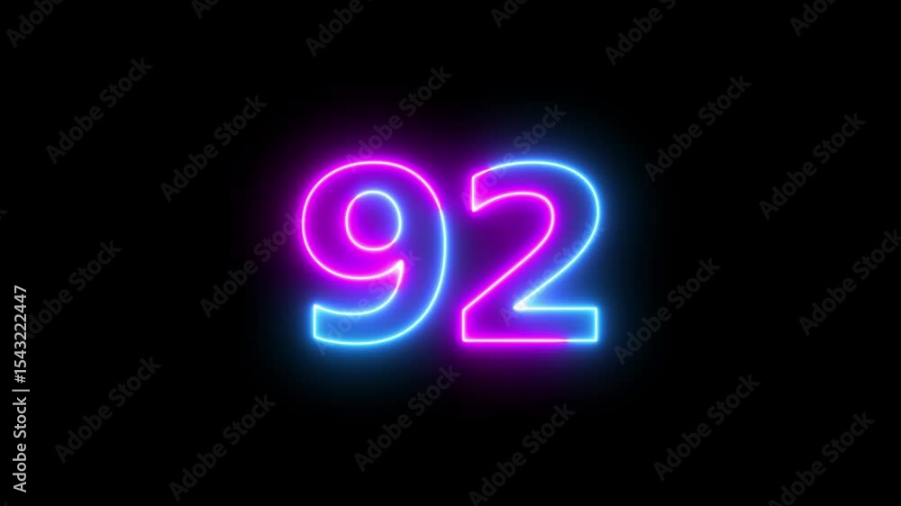 Poster abstract glowing neon text 92 number countdown icon. glowing blue neon countdown timer number video 