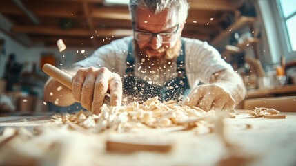 A skilled craftsman passionately working on wood, surrounded by flying wood shavings and warm natural light, showcasing the dedication and artistry involved in woodworking.