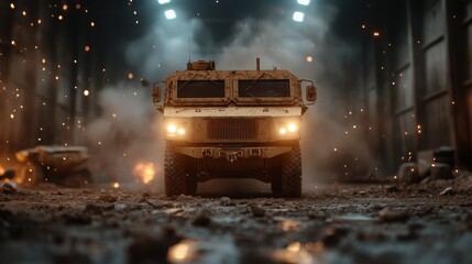 This powerful image captures an armored vehicle in a smoky, industrial setting, evoking themes of strength, resilience, and the human condition in challenging environments.