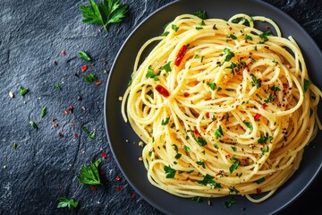Delicious aglio e olio spaghetti dish gourmet kitchen food photography elegant setting close-up view culinary delight