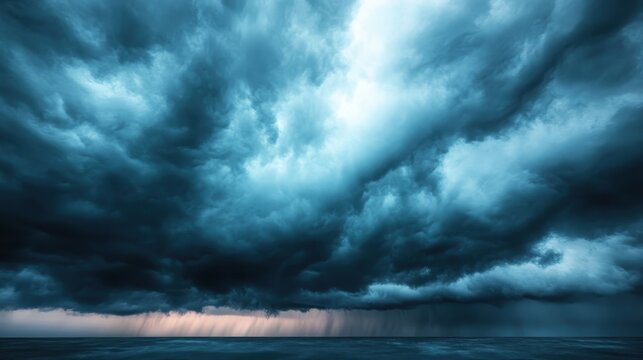 A stunning view of dark, swirling clouds gathering over the ocean, with varied shades of blue and hints of light breaking through, evoking a sense of nature's power and beauty.