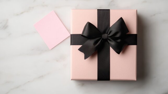 A beautiful gift box wrapped in elegant pink paper with a luxurious black bow, symbolizing celebration, thoughtfulness, and the joy of giving on special occasions.