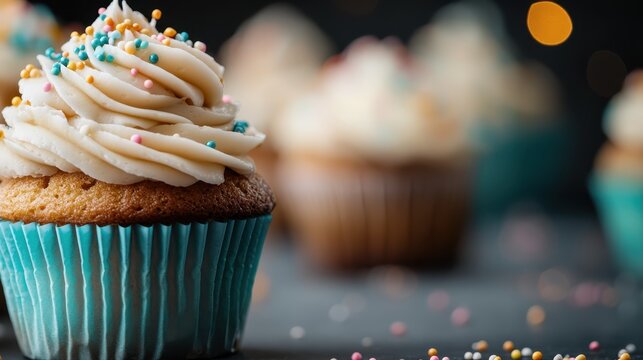 A beautifully presented cupcake with creamy frosting topped with colorful sprinkles, ideal for celebrations and dessert menus, radiating joy and sweetness.