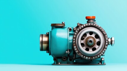 A beautifully designed vintage mechanical pump stands out against a bright blue background. This image captures the elegance of old machinery and evokes nostalgia for bygone eras.