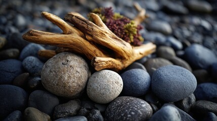 Driftwood and Seaweed on Dark Beach Rocks