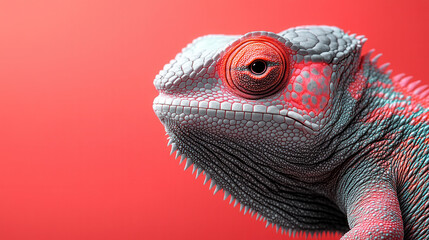 Fototapeta premium Grey chameleon on vibrant pink background, background half empty for text space 