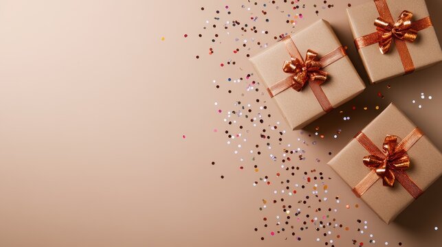 Three beautifully wrapped gift boxes adorned with ribbons and scattered confetti evoke a celebratory mood, perfect for various occasions and festive events.