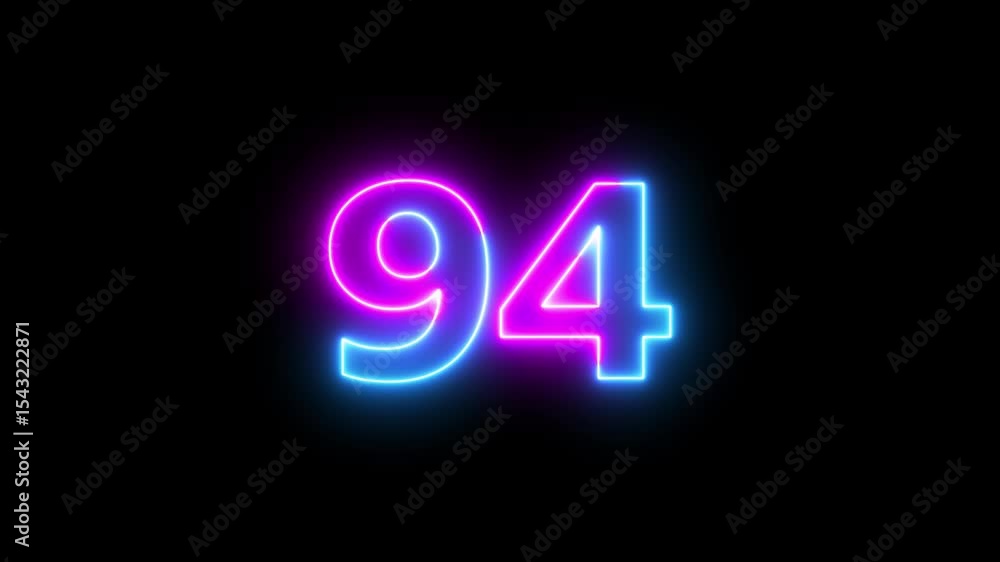 Poster abstract glowing neon text 94 number countdown icon. glowing blue neon countdown timer number video 
