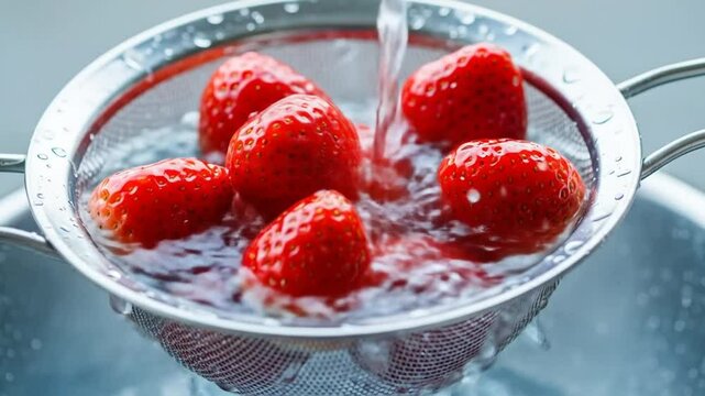 Close up video of fresh strawberries being washed under running water in a sieve