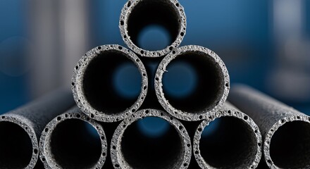 Stacked gray pipes with porous surface creating a triangular pattern on blue background