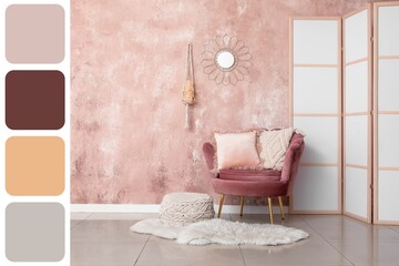 Interior of stylish living room with pink armchair, furry rug and folding screen. Different color...