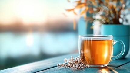 A steaming cup of tea on a rustic table, infused with warmth and tranquility, invites viewers to pause and indulge in a moment of relaxation and comfort.