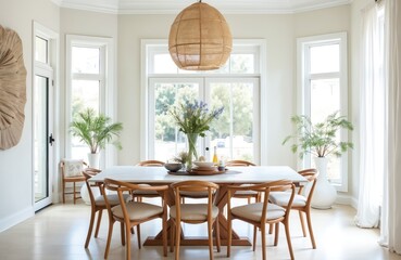 Fototapeta premium Coastal style dining room interior with natural light from large windows. Dining table with chairs, decor, plants, flowers creates modern cozy home atmosphere. Mediterranean home design.