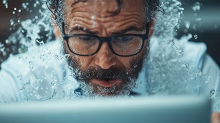 An intense moment captured as a man is surprised by water splashing on his laptop, embodying the clash between technology and unexpected challenges.