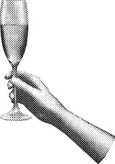Celebratory Hand with Champagne Glass: A timeless moment captured, a hand delicately holds a champagne glass, ready to toast, rendered in a classic black and white illustration. © Tahreem Khan