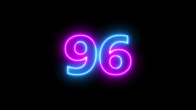 Abstract glowing neon text 96 number countdown icon. Educational mathematics 96 animation on black background.