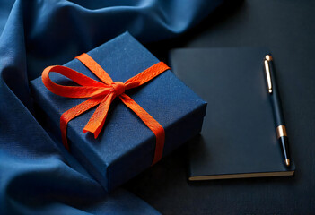 Elegant Blue Gift Box with Orange Ribbon, Notebook, and Pen