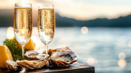 Two sparkling glasses of champagne are placed elegantly beside fresh oysters and lemon, all set against a serene water backdrop, enhancing the luxurious dining experience.