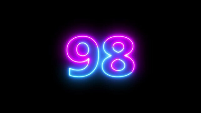 Abstract glowing neon text 98 number countdown icon. Educational mathematics 98 animation on black background.