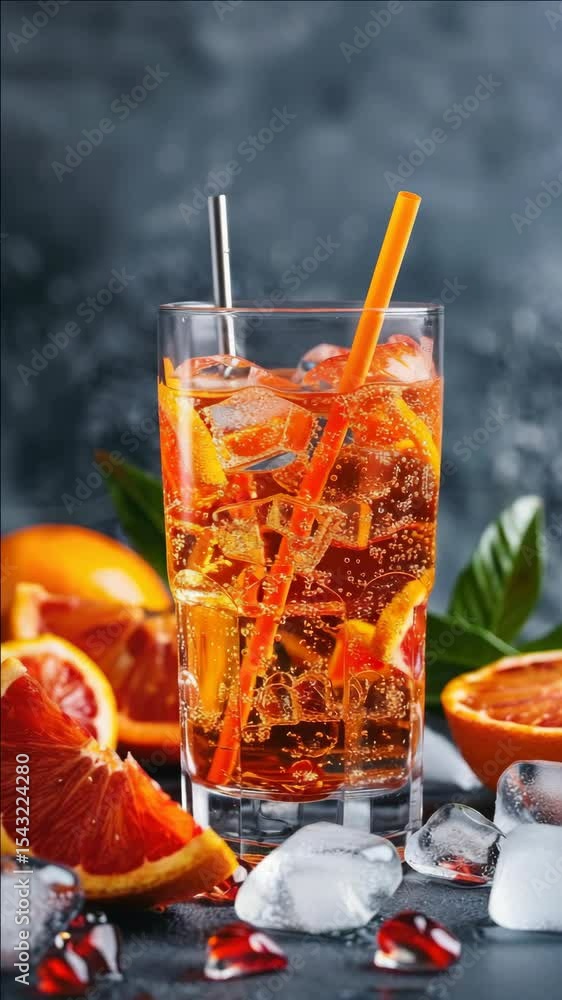 Poster refreshing orange-flavored soda topped with a slice and garnish, served over ice cubes with addition