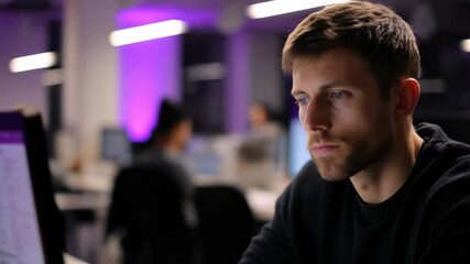 Young man sitting at computer in busy office. Focused developer working late. Modern business technology and digital workspace concept footage.Blurred background effect. Blur bokeh on the background. - Powered by Adobe