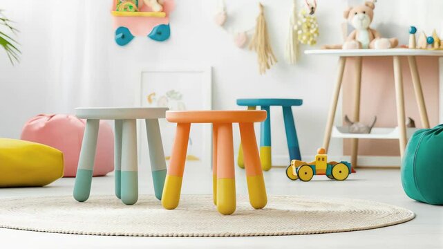 Brightly colored children's stools are placed in a cheerful playroom, surrounded by playful decor and soft textures, creating a cozy environment for fun