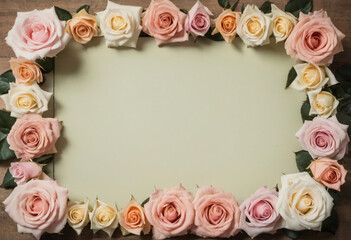 A beautiful layout present a collection of pastel roses providing an elegant border around a blank card, perfect for special occasions, invitations, or heartfelt messages Generative AI