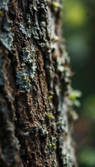Obraz premium Tree bark texture with lichen and moss growing on the surface