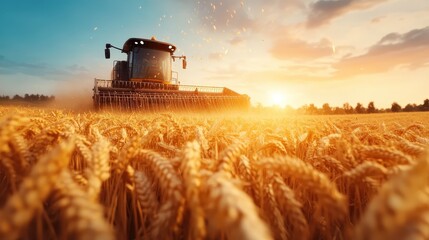 Fototapeta premium A powerful combine harvester works against a breathtaking sunset, representing the beauty of agriculture, labor, and nature’s rhythms in a peaceful rural landscape.