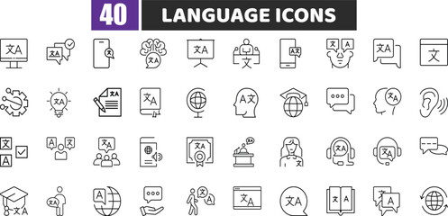 Language Icons Vector Set – Translation, Communication, Linguistics, Global, Learning