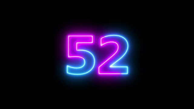 Neon text 52 number countdown icon background 4k animation .Neon number 52 with alpha channel, neon numbers, Bright neon glowing number 52 Energy Neon red Number 52 Animation.