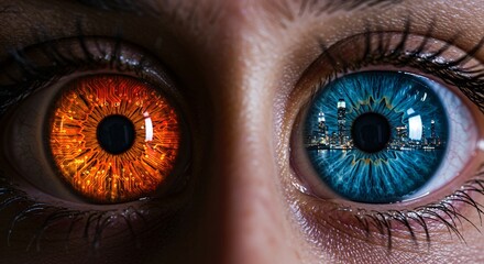 Striking close-up of human eyes with futuristic circuit board and city reflections