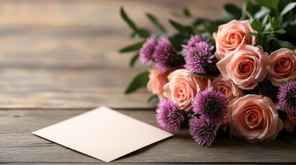 A beautiful arrangement of pastel roses and purple flowers placed beside a blank greeting card, perfect for conveying heartfelt messages on any special occasion.