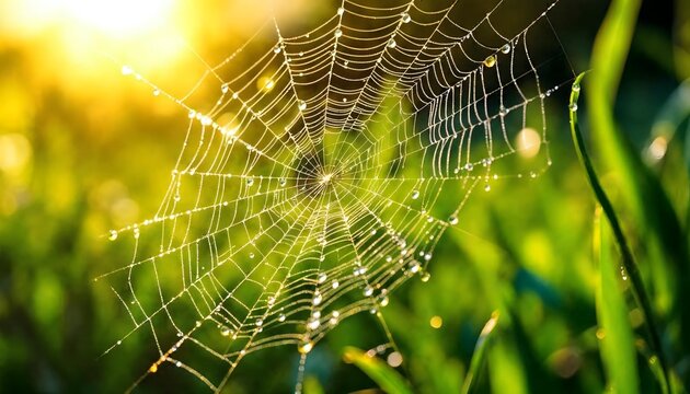 Spiderweb with dew drops glistens in the morning light on green grass