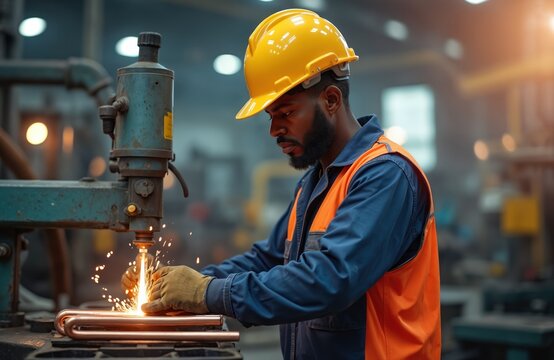 African American mechanic engineer in safety gear cuts copper tube in factory. Male worker in hard hat, wearing safety gloves. Sparks fly. Industrial worker, metal work, industrial technology, - Powered by Adobe