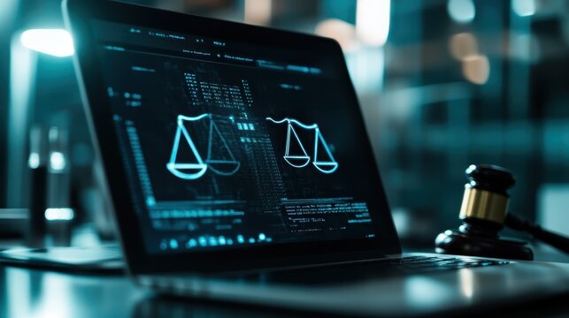 A sleek laptop with a modern interface showcases legal data and digital scales on the screen, symbolizing the intersection of technology and law in contemporary society.