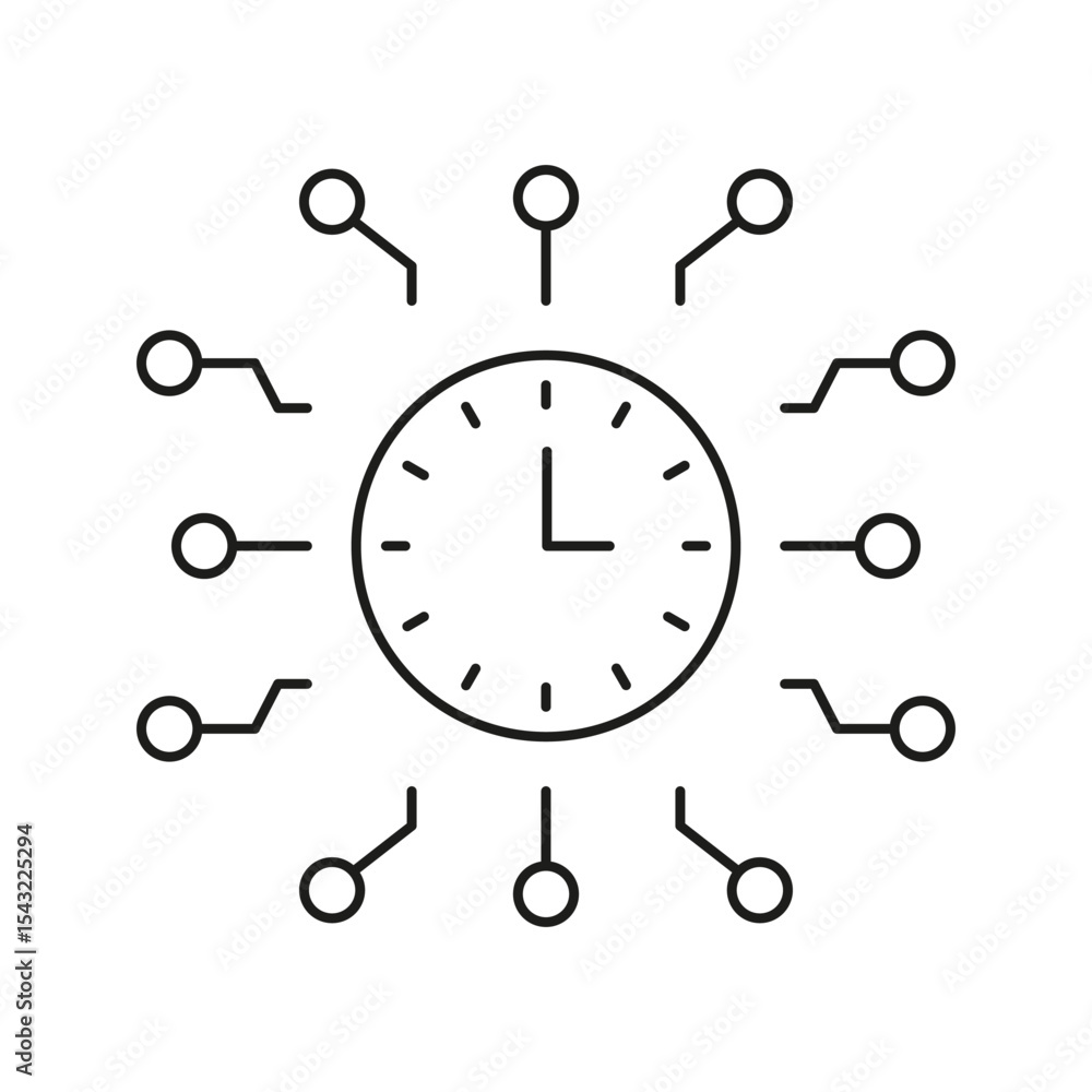 Poster clock with circuit connections line icon. time management, digital synchronization, and network inte