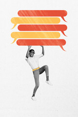 Artwork photo vertical collage of happy american girl dance bubble communication icon phrase speech...
