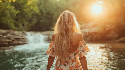 Fototapeta premium A woman stands peacefully by a river, with long, flowing hair illuminated by a warm sunset, embodying tranquility, freedom, and the beauty of nature.