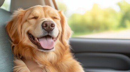 A cheerful golden retriever smiles with eyes closed while sitting comfortably in a car, enjoying the warm sunlight and the excitement of being on a journey.