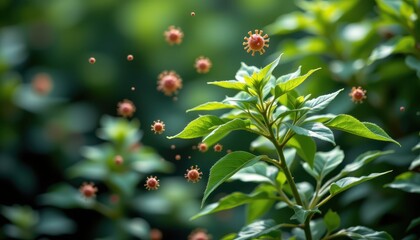 andrographis paniculata plant with virus names floating around: influenza, rsv, hepatitis, all fading away, surreal health concept, vibrant greens, soft lighting