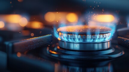 A close-up image of a gas stove with a vibrant blue flame, showcasing the intense energy of the fire, illuminating the surrounding area beautifully and providing warmth.