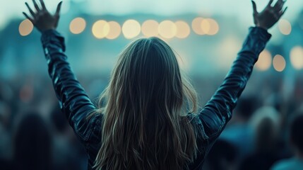 A silhouette of an enthusiast raising hands at a live music concert, capturing the euphoric energy and connection between the performer and the audience.