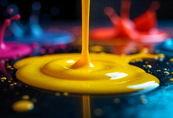 Vibrant Yellow Paint Pouring with Colorful Splashes