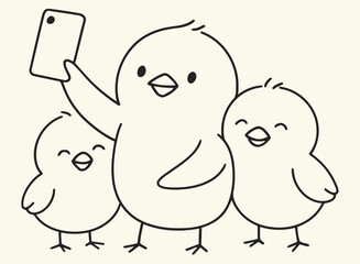  Cute Baby Chicks Taking a Selfie Minimalist Animal Line Art