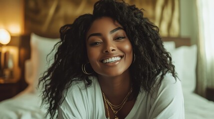 A joyful woman smiles brightly while lounging in a luxurious bedroom, embodying happiness, confidence, and the essence of comfort through her radiant expression.