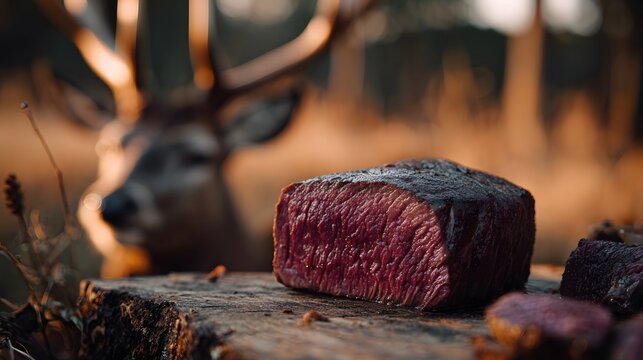 Close-up of a fresh cut of meat on a wooden stump in a forest setting with a deer in the background