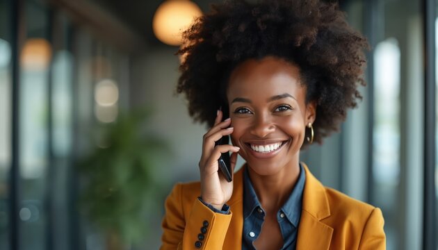 Joyful african american businesswoman smiles talking phone in modern office. Attractive woman wearing suit using mobile smartphone. Happy female, entrepreneur working, business pro, remote - Powered by Adobe