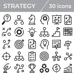 A set of 30 strategy icons displayed on a white background
