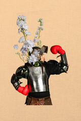 Trend artwork banner sketch 3D photo collage of knight vintage costume warrior character young man...
